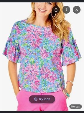 Lilly Pulitzer Ziva Ruffle Sleeve Women’s Floral Top- Blue Peri Sunrise Bay